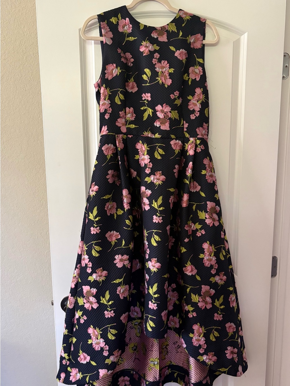 Navy Floral High//Low Dress - Pink Flower Print